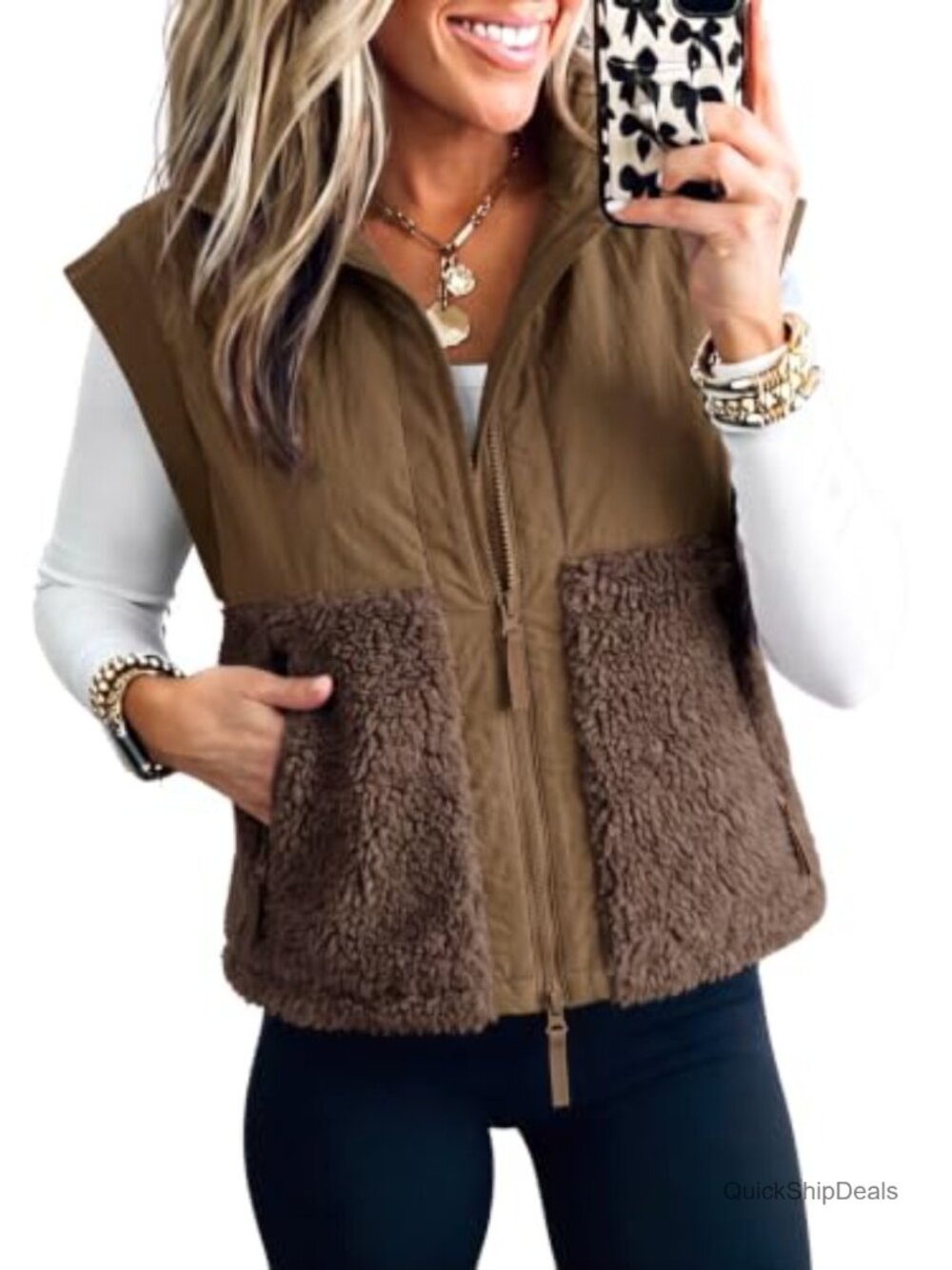 Women's Sherpa Fleece Puffer Vest Patchwork Zip Up Sleeveless Jacket